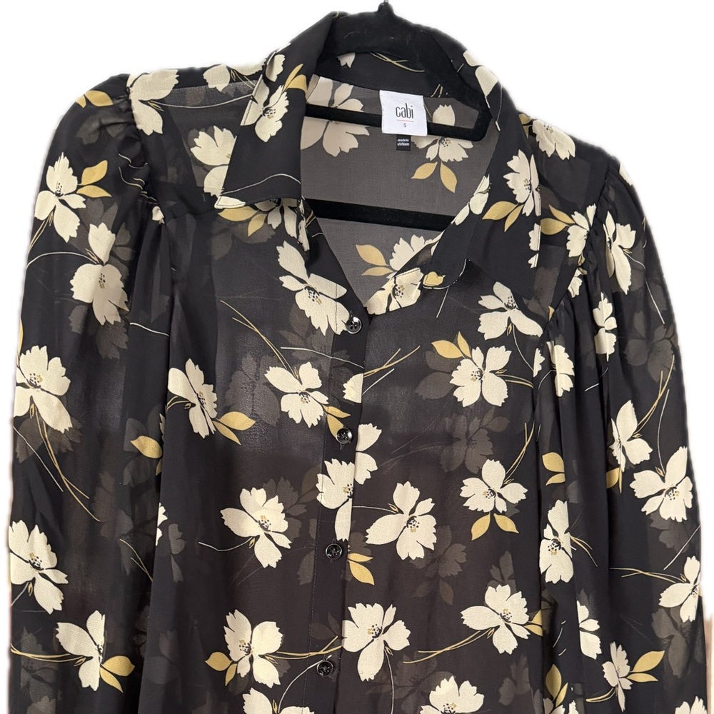 CAbi Black Sheer Floral Button-Front Blouse with Cream and Tan Accents